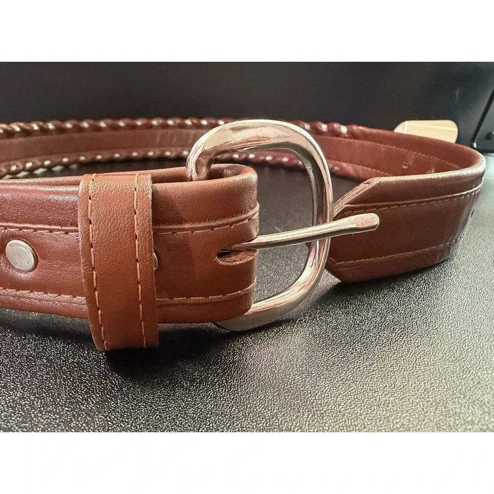 Vintage Justin Belt 30 Brown Cowhide Leather Silver Braid Trim USA 8024C Western